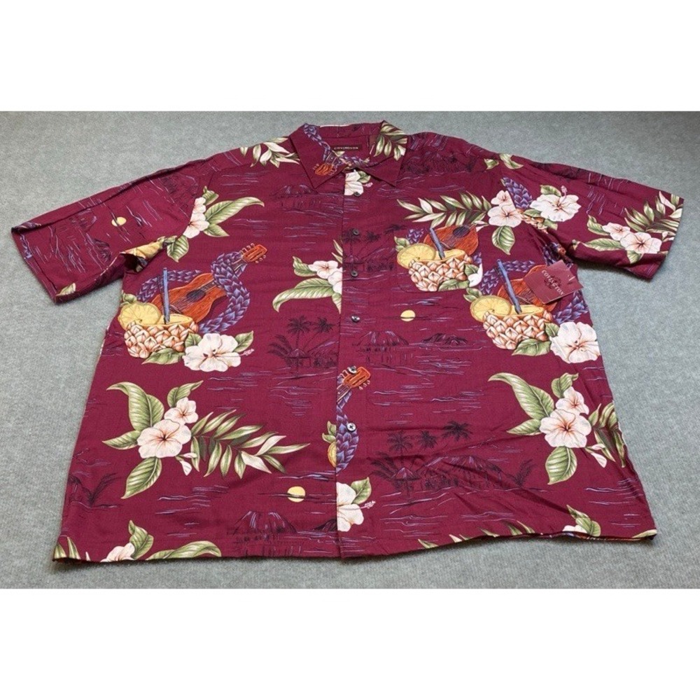 NWT Covington Button Down Shirt Men XL Maroon Tropical Pineapple Floral Rayon
